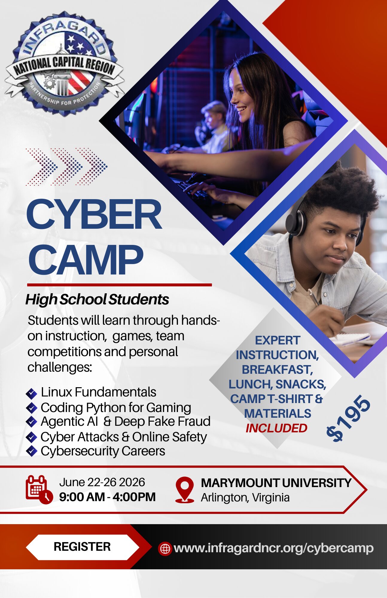 InfraGard NCR Cyber Camp — June 22-26, 2026 at Marymount University, Arlington, Virginia. For High School Students. $195.